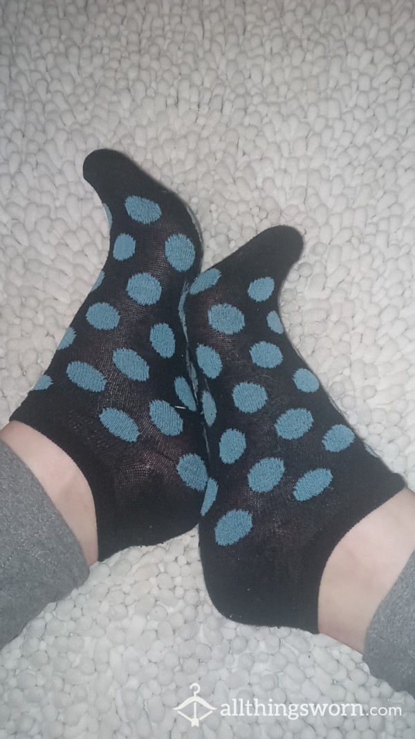 Black Ankle Socks With Blue Polka Dots