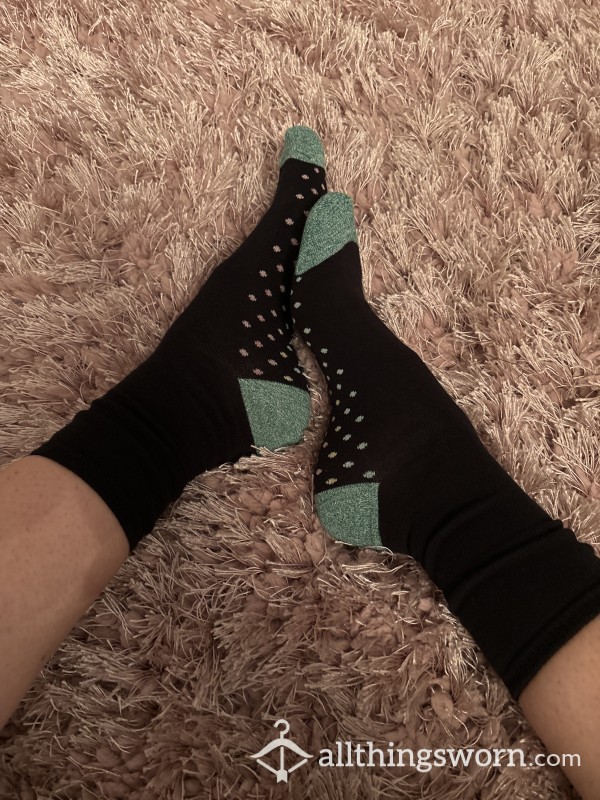 Worn Black Ankle Socks With Patterned Soles