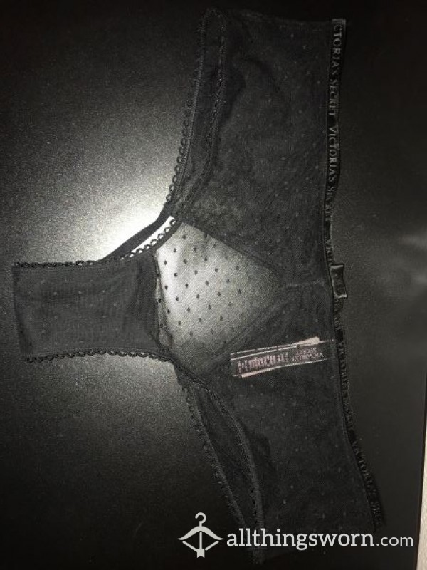 Black Backless See-Through Lace Panties, Velvet Trim W/ Bows  - Victoria Secret XL