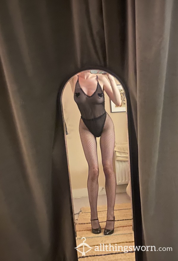 Black Bodysuit With Cute Details! Very Soft Sheer Material With Velvet Nipple Covers