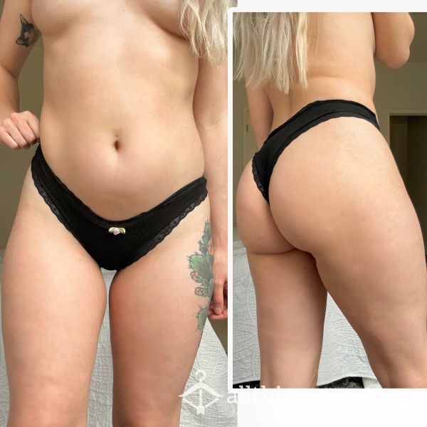 Black Cheeky Pantie | Rose Detail | Cotton With Lace Trim | Wet, Naturally Scented | Big Booty, Nice Ass | Hot Blonde | Xs