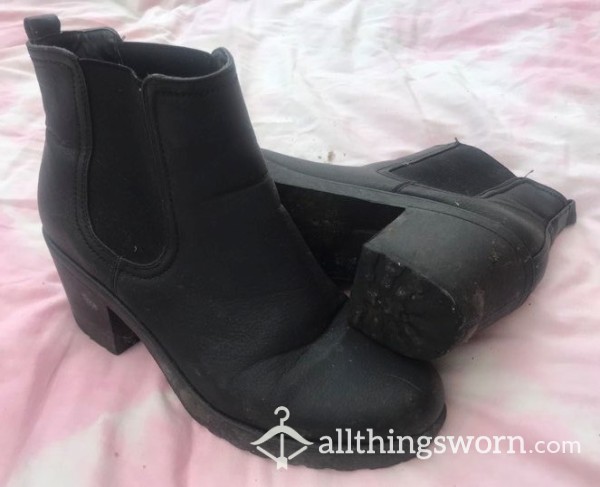 Black Chunky Heeled Ankle Boots, Size 7