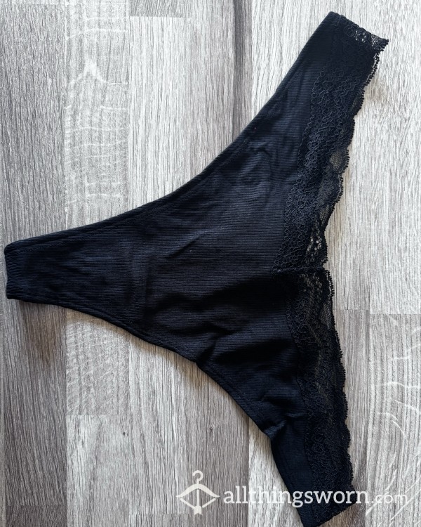 Black Cotton And Lacey Thong