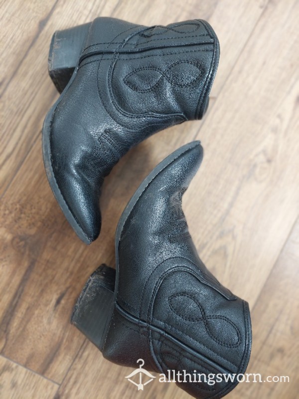 Black Cowboy Style Heeled Ankle Boots - Size 3