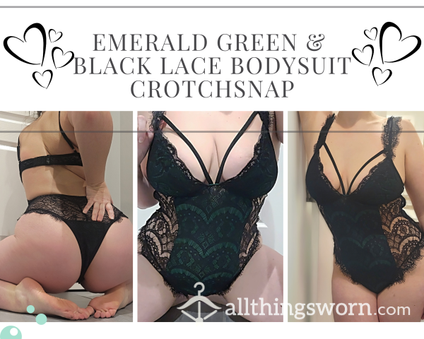 Black & Emerald Green Lace Bodysuit 🖤 Crotch Snap