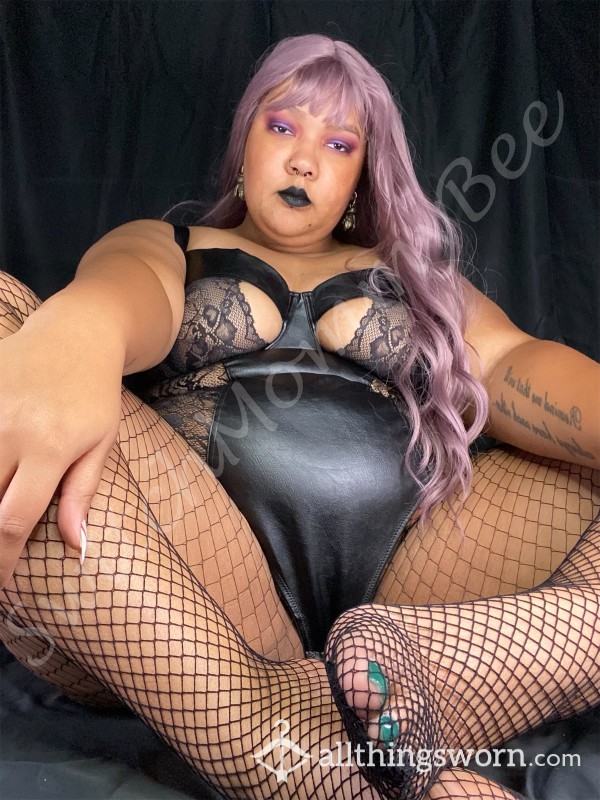 Black Faux Leather And Lace Bodysuit Titty Tease 📸 9 Pics