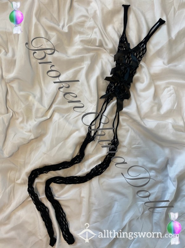 Black Fishnet Gartered Bodysuit W/ Bows