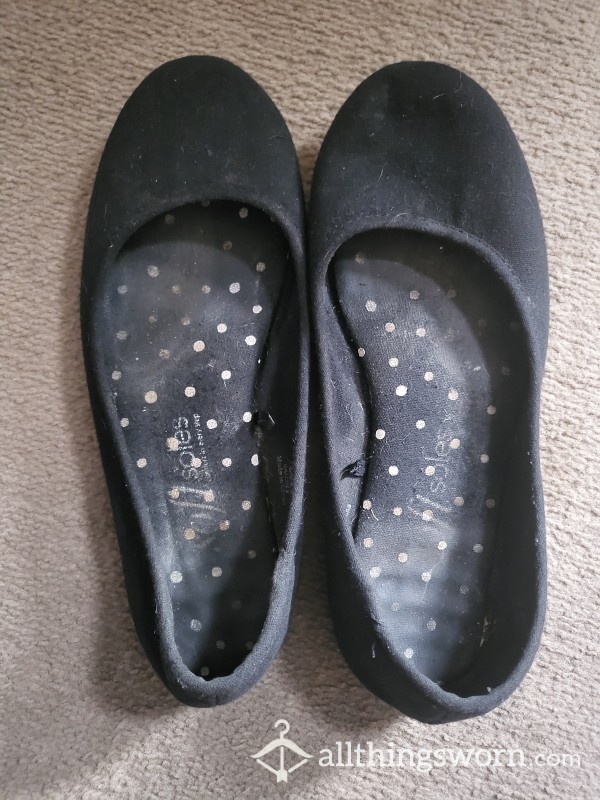 SALE.......Black Flat Dolly Shoes, Well Worn