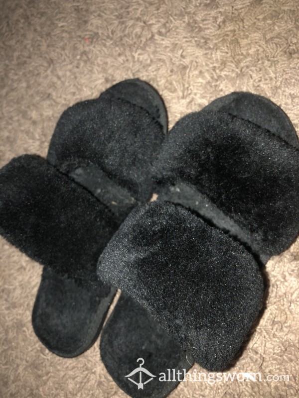 Black Fuzzy Dirty Worn Down Slippers