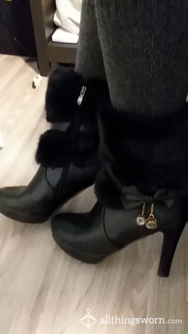 Black Fuzzy High Heeled Boots