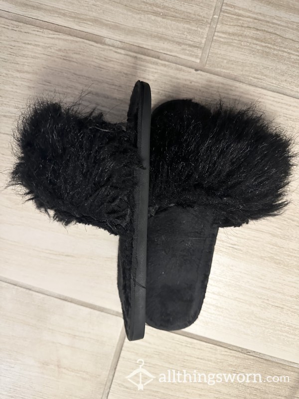 Black Fuzzy Slippers (Well-worn)