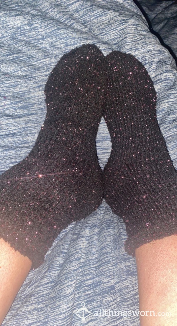 Black Fuzzy Socks With Pink Tinsel Glitter