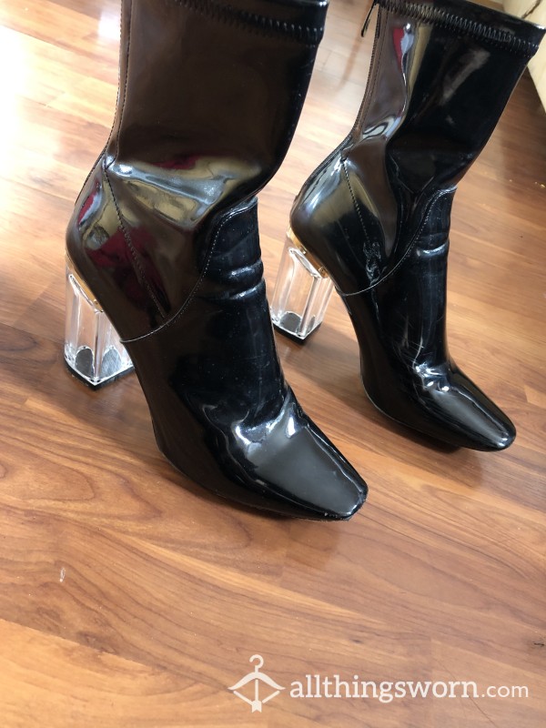 Black Glossy PVC Boots With Clear Heel