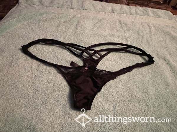 BLACK THONG WITH CRISCROSS- WORN OR CLEAN