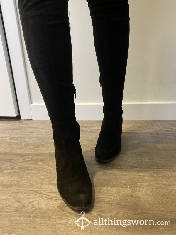 Black Heeled Thigh High Suede Boots