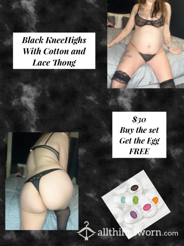 Black Knee Highs, Cotton & Lace Thong With Tenga Egg