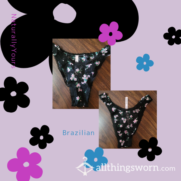🖤💜 Black Lace Brazilian Fit VS Panties W/ Colorful Flowers ~ Worn To Your Pleasure