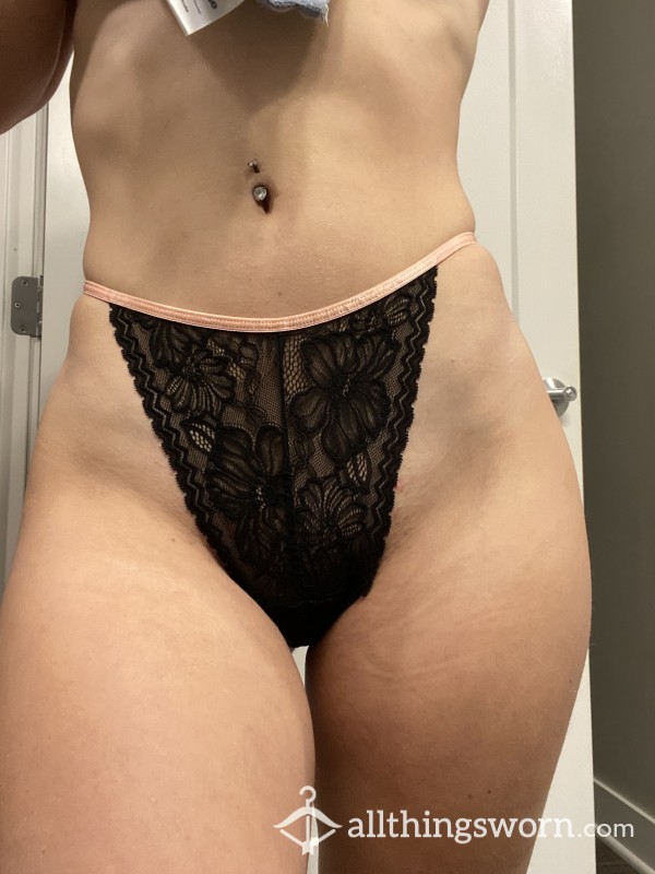 Black Lace High-Waisted Thong With Light Pink Band