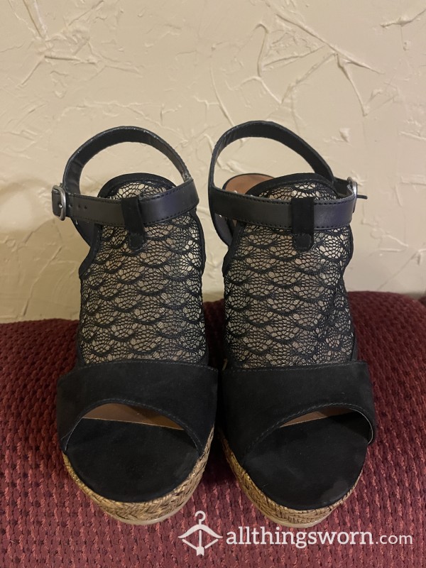 Black Lace Strap Heel Wedges Day Trip