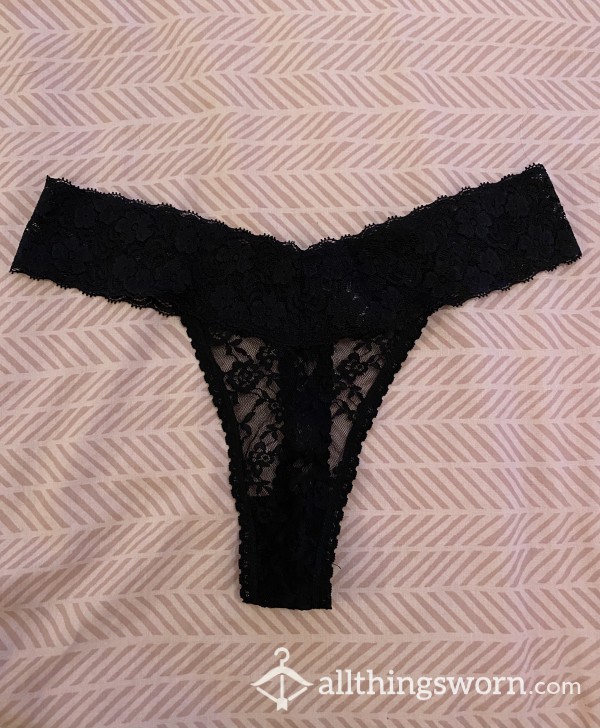 Black Lace Thong Size 10-12 (but Stretchy) 24 Hour Wear