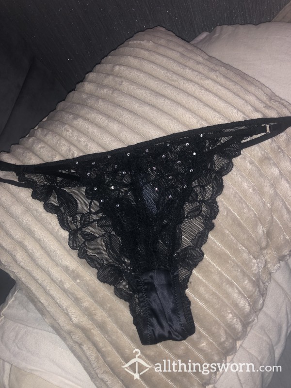 Black Lace Thong With Diamonds
