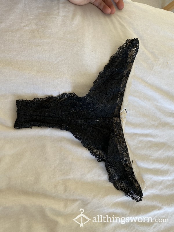Black Lace Thong With Nude Trim