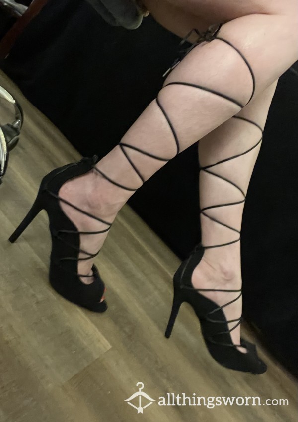Black Lace Up High Heels, Size 10 Us, Skid Pad On Bottoms, Well-worn