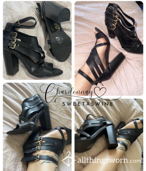🍷CLEARANCE- £35❌, £20✅|UK 6|🖤Sexy Black Leather Cage Heels👠