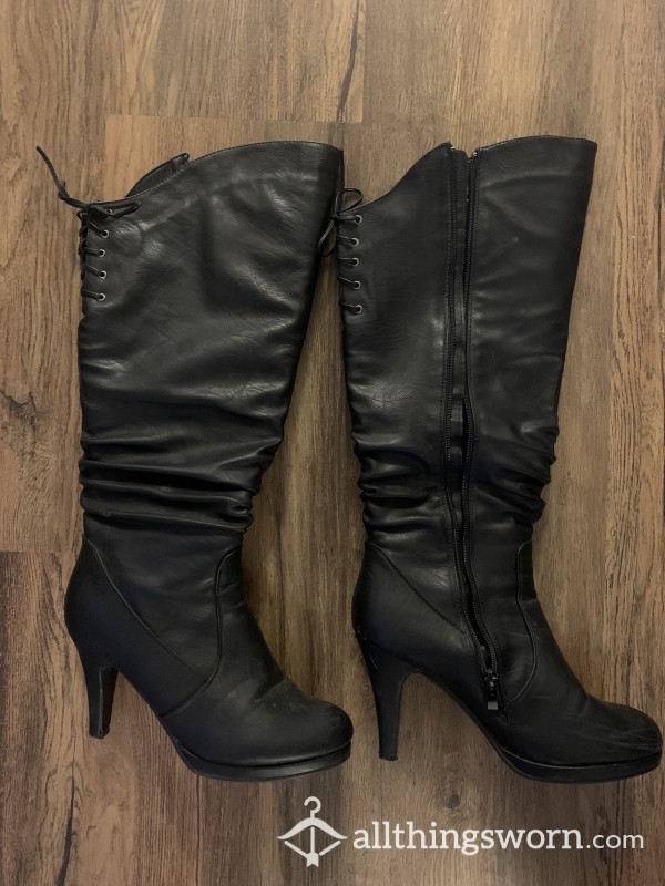 Black, Leather, Knee High, High Heel Boots 👢