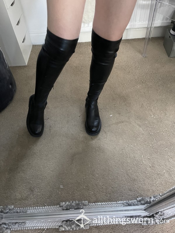 Black Leather High Sexy Boots Worn