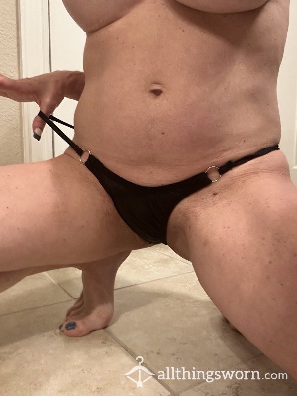 Black Leather Thong With Metal Rings