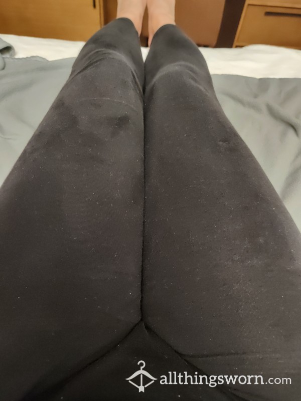 Worn Black Leggings. So Thin They Are See Through!