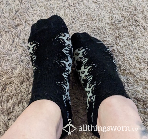 Black & Leopard Ankle Socks - Worn Over Two Very Long Days - Dirty Socks
