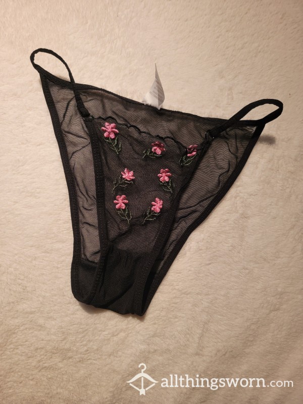 Black Mesh Cheeky Bikini Panty With Pink Flowers!