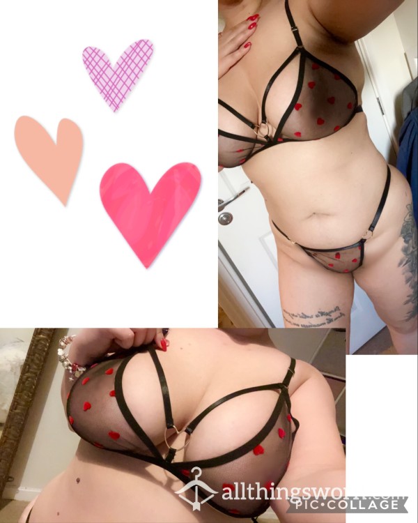 Black Mesh Lingerie Set With Cute Red Hearts ❤️ And Heart Metal Detail 😜