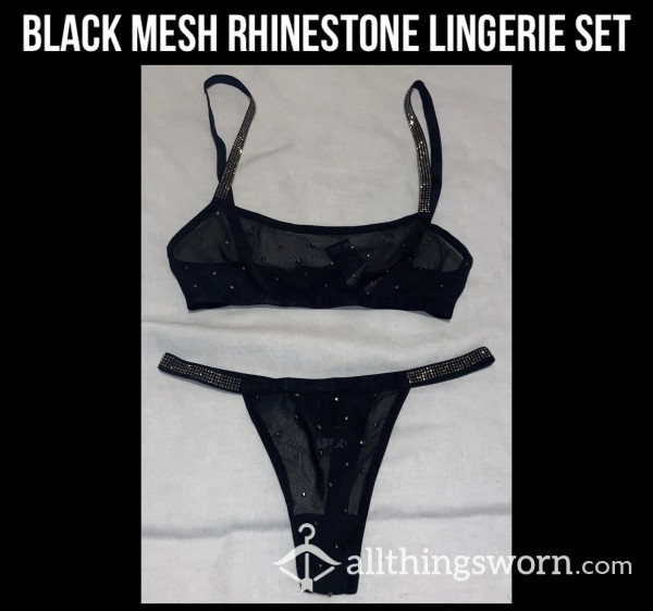 Black Mesh Rhinestone Lingerie Set👀