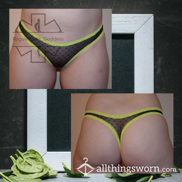 Black Mesh With Neon Green Lace Trim Thong - Medium