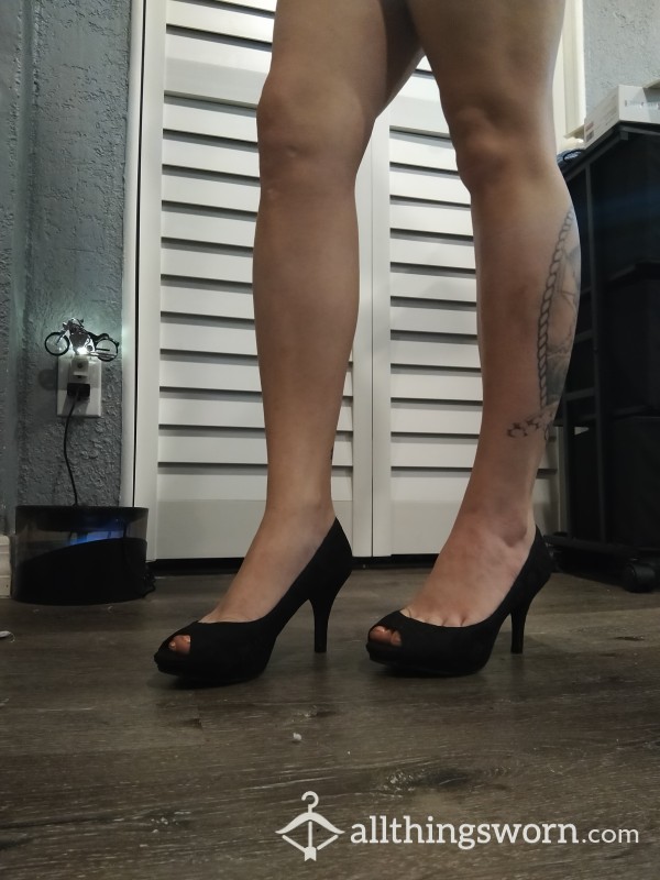 Black Open Toe Heels With Lace Details Worn 72 Hours Size 6