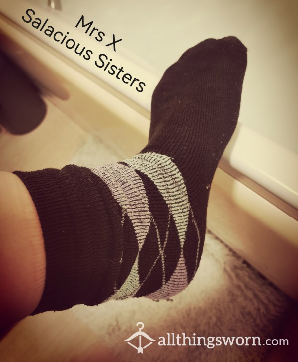 Black Patterned Mens Socks Worn By Mrs X