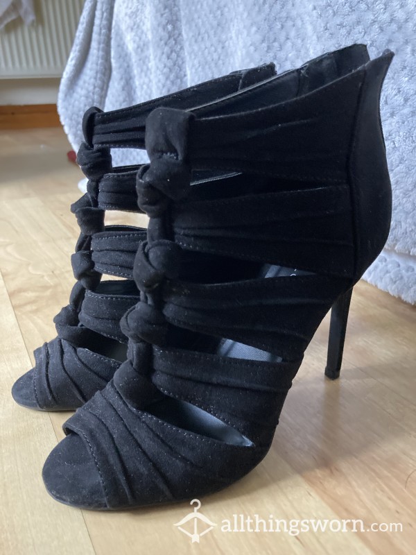 Black Peep Toe Cut-out Stiletto Heel Ankle Boots, UK 4