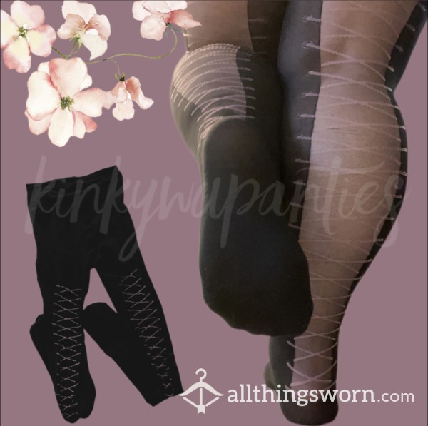 Black & Pink Lace-Up Print Tights - Includes 2-day Wear & U.S. Shipping