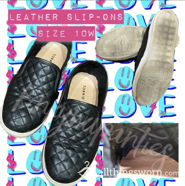 👟 Black Quilted Leather Slip-Ons - Holes In The Bottoms! Size 10W - Includes U.S. Shipping