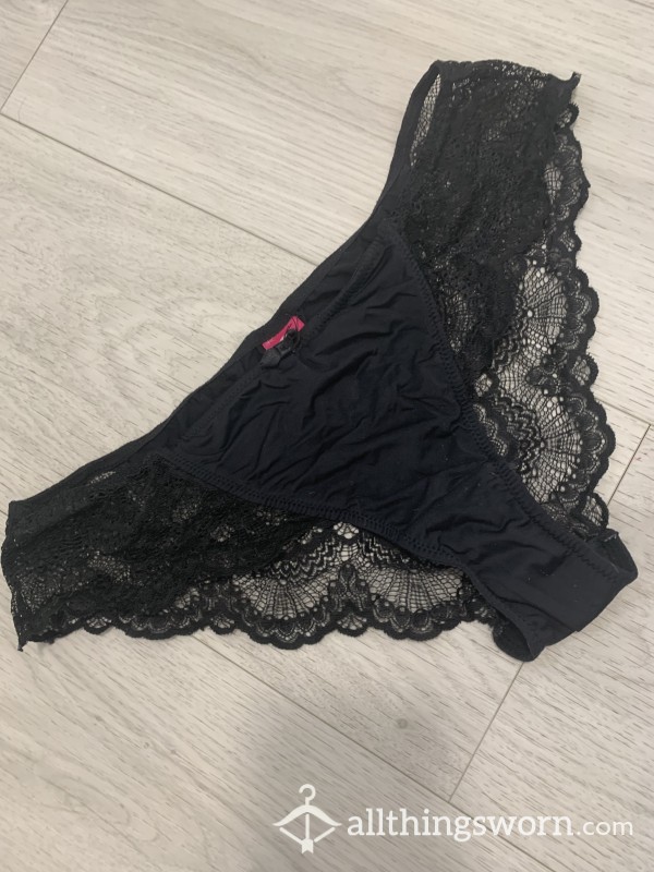 Black Satin Feel And Lace Thongs