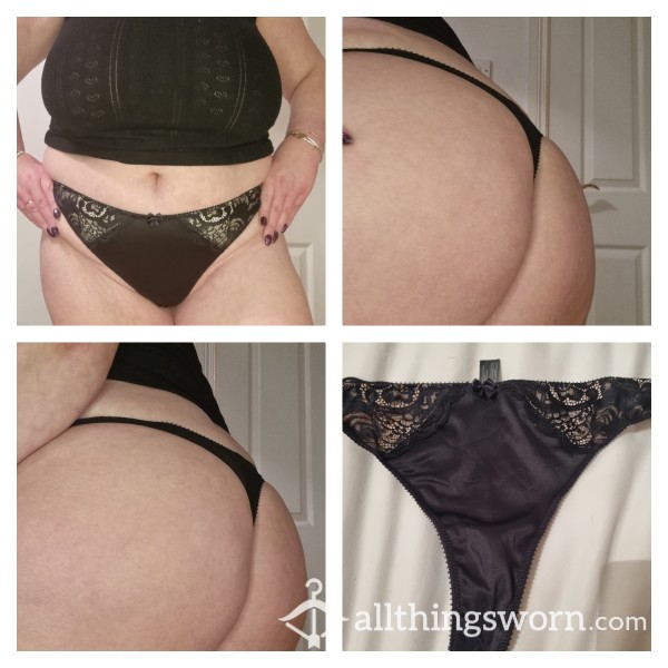 Black Satin Thong With Decorative Lace