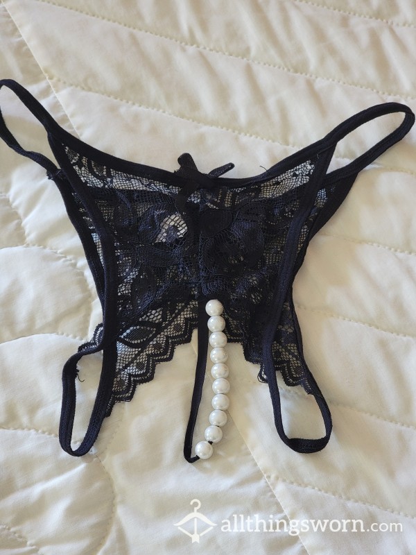 Black Sexy Lace T- Back Low Rise G-string With Pearl Balls
