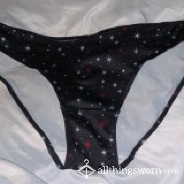 Black Silky Bikini-style Panties, With Red & White Snowflakes.  Size M.