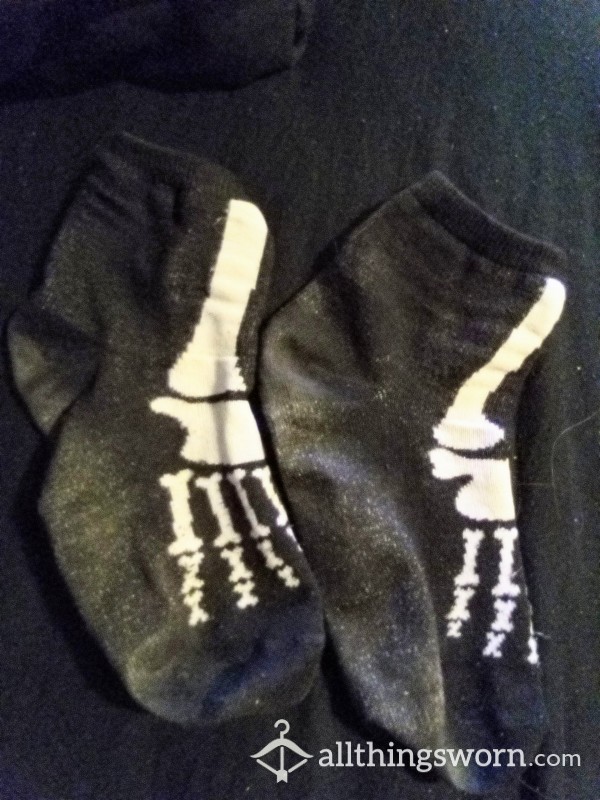 Black Skeleton Feet Socks, Worn For 6 Days Sweaty And Dirty Free US Shipping