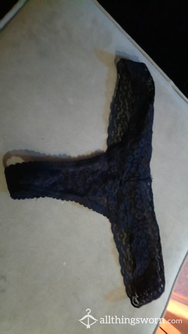 Black Skimpy Lace Thong Panty Knicker Well Worn