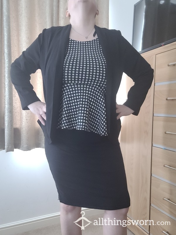 Black Skirt,jacket And Spotty Top