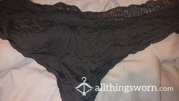 Black Slightly Bleached Lace Trim Thong